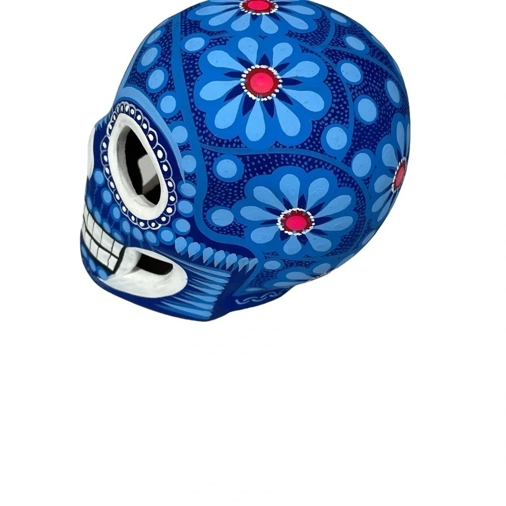 Mexican Clay Skull Hand painted Blue white New